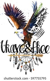eagle. American Indian Chief Headdress. war bonnet. dream catcher background. native american poster. animal illustration. brave and free hand written text. 