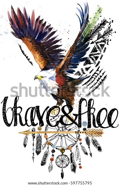 ワシ アメリカ インディアンのチーフ ヘッドレス 戦争帽 夢のキャッチャー背景 アメリカ先住民のポスター 動物のイラスト 勇敢で自由な手書きの文章 の イラスト素材