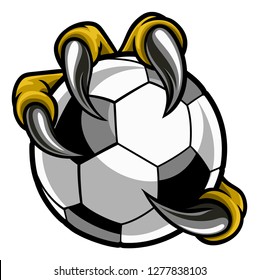 Eagle, bird or monster claw or talons holding a soccer football ball. Sports graphic.