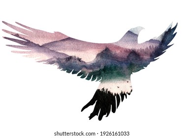 Eagle bird silhouette on forest background. Insulated profile. Watercolor illustration. Design. Portrait of an animal. Wildlife. Double multiple exposure in painting.