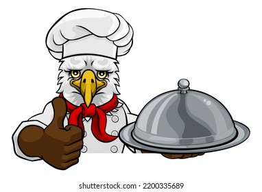 An Eagle Chef Mascot Cartoon Character Holding A Silver Platter Cloche Dome Of Food Peeking Round A Sign And Giving A Thumbs Up