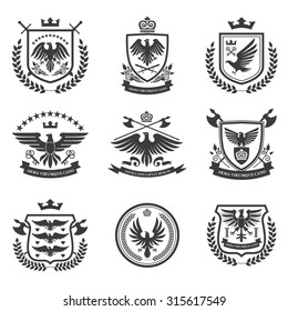 Eagle heraldry coat of arms emblems shield icons set with spread wings black isolated abstract  illustration