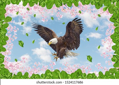 Eagle in the sky and surrounding pink flowers and leaves