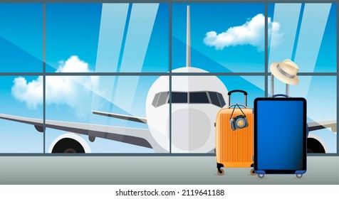 Early booking of air travel and flights around the world, realistic airplane composition and multi-colored suitcases. 