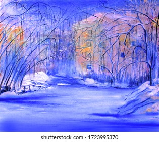 Early Evening Light In The Winter Novosibirsk Akademgorodok. Oil Painting.