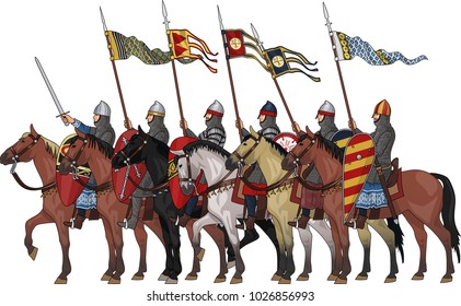 Early Medieval Knights on Horseback in Armour and with Various Weapons, Illustration Isolated on White Background