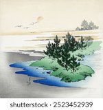 Early Morning (1900–1901) print in high resolution by Ogata Gekko. Japanese lake landscape.   Vintage Japanese lake nature art drawing illustration, nature lake landscape old painting art print.