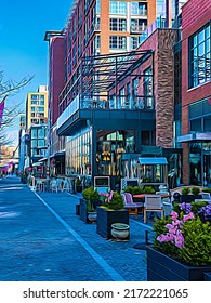 Early Morning Street Perspective In Waterfront District Of Washington DC. Digital Painting Effect, 3D Rendering. For Urban, Entertainment, And Travel Motifs.