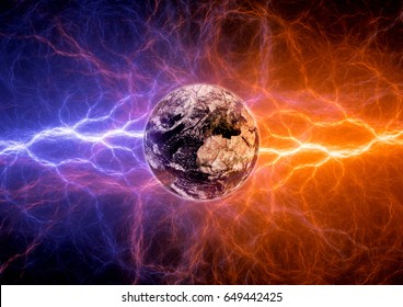 Earth Apocalypse In The Fire And Ice Lightnings. Elements Of This Image Furnished By NASA