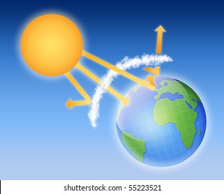 Earth atmosphere greenhouse effect scheme with sun rays and planet