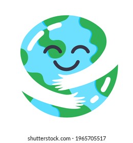 Earth caring. Cute planet mascot hugs himself, ecology concept, protect and take care nature. Cute globe character  illustration. Planet earth cartoon, environment global symbol