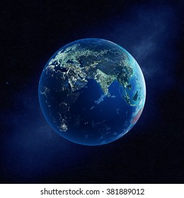 Earth With City Lights At Night In Outer Space With Europe And Asia  (Elements Of This  3D Rendered Image Furnished By NASA)