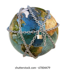 Earth Clad In Steel Chains Under The Padlock. Isolated On White.