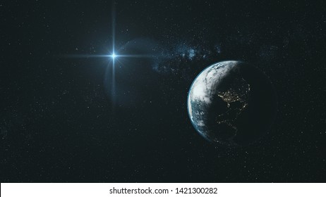 Earth Close Up Orbit Starry Deep Space Overview. Universe Constellation Satellite View. Dark Outer Galaxy Celestial Navigation Planet Zoom In 3D Animation