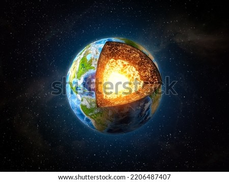 Earth core structure. Cross section of planet with visible layers on space backround.Elements of this image furnished by NASA. 3d illustration