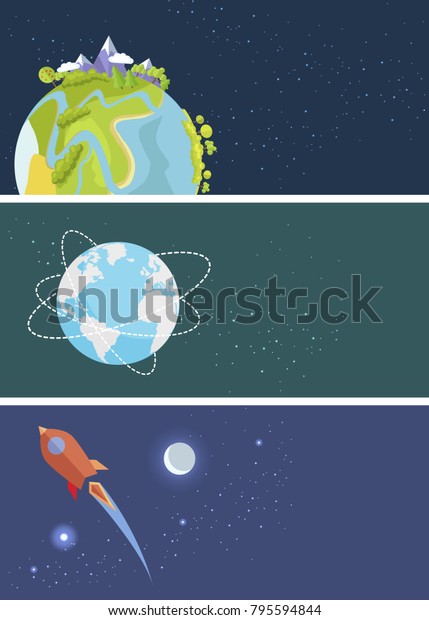 Earth cosmos planet travel to moon
concept. Discovering new platents, start of life in space and
saving Earth template  poster withgreen trees and
mountains