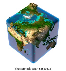 Earth As A Cube With Translucent Body Of Water And A Detailed Relief Map Of The Continents And Ocean Floor