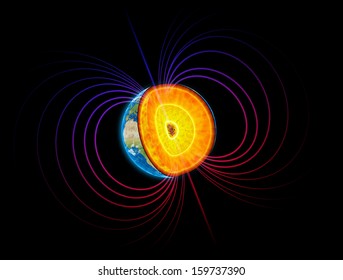 Earth cut-away with visible iron core and the magnetosphere