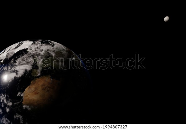 earth with\
dark in space and moon ,3D rendering\
