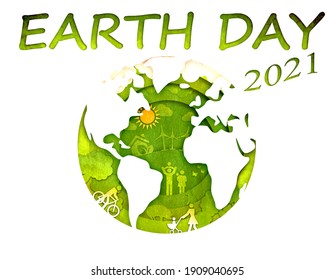 Earth Day 2021. Earth Shape With Family Having Fun Time, People, Pets, Birds, Clouds, Sun, Trees And Text 