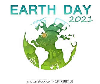 Earth Day 2021. Earth Shape With Family Having Fun Time, People, Pets, Birds, Clouds, Sun, Trees And Text 