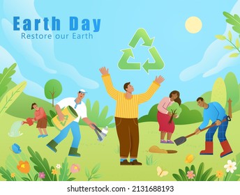 Earth day or Arbor Day illustration of diverse people removing trash from forests and planting new trees. Concept of saving the planet. Flat style. - Powered by Shutterstock