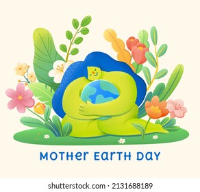 Earth Day or Arbor Day illustration of mother nature hugging the planet and surrounded by green plants and flowers. Concept of environmental protection. - Powered by Shutterstock