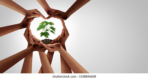 Earth day and earthday as group of diverse people joining to form heart hands connected together protecting the environment and promoting conservation and climate change issues as an image composite.