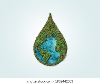 Earth In Drop Shape 3d Green Trees.World Water Day Green Water Drop Concept. World Environment Day Concept Background.