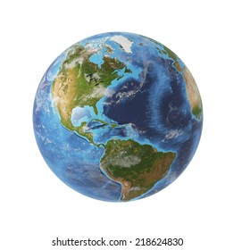 Earth globe, 3D rendering. Americas North and south view. Isolated on white background. Elements of this image furnished by NASA