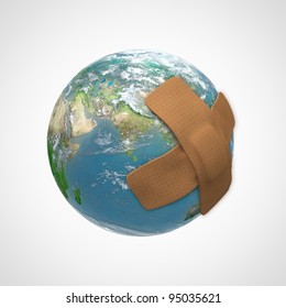 Earth Globe With A Band Aid - Nature Conservation Concept