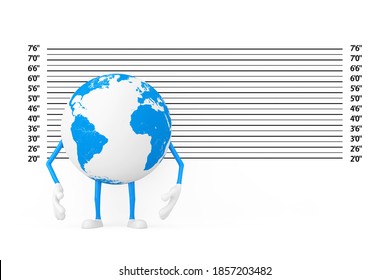 Earth Globe Character Mascot In Front Of Police Lineup Or Mugshot Background Extreme Closeup. 3d Rendering