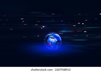 Earth Globe With Fast Moving Data Lines At Back, Digital Technologies Concept. 3d Illustration