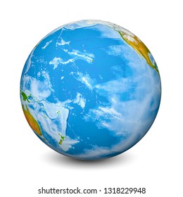 Earth Globe Focused On Pacific Ocean. Realistic Topographical Lands And Oceans With Bathymetry. 3D Object Isolated On White Background. Elements Of This Image Furnished By NASA.