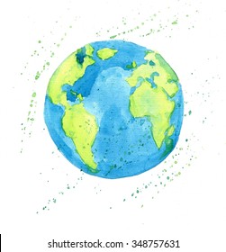 Earth Globe, Hand Drawn Watercolor Illustration