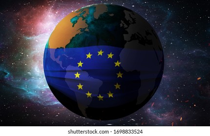  Earth Globe In A Medical Mask. Global Epidemic Of Corona Virus Concept. EU Flag.