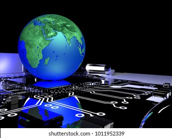 earth globe on processor with circuit board. communication and technology concept,3d render.