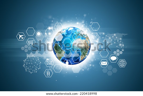 Earth with graphs, hexagons, icons\
and network. Elements of this image are furnished by\
NASA