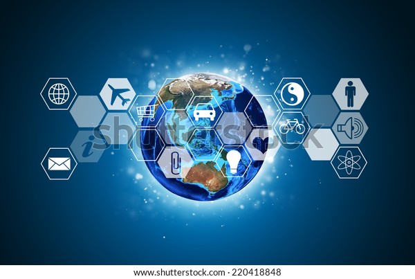 Earth and hexagons with icons. Elements of this\
image are furnished by\
NASA