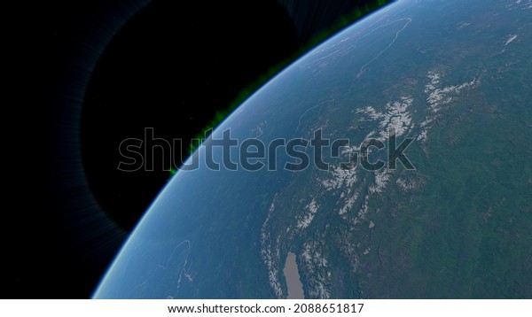 Earth image from space, Himalayas\
from space, polar lights, high quality, realistic 3d\
render
