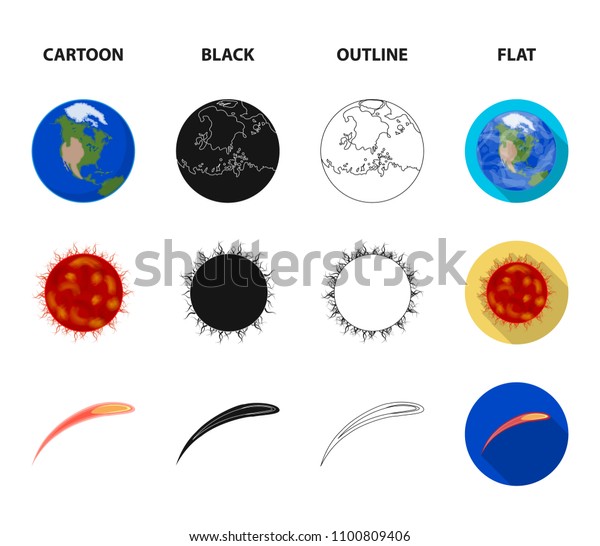 Earth, Jupiter, the Sun of the Planet of the Solar\
System. Asteroid, meteorite. Planets set collection icons in\
cartoon,black,outline,flat style bitmap symbol stock illustration\
web.