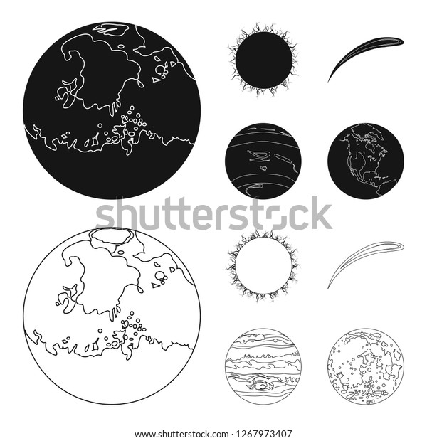 Earth, Jupiter, the\
Sun of the Planet of the Solar System. Asteroid, meteorite. Planets\
set collection icons in black,outline style bitmap symbol stock\
illustration web.