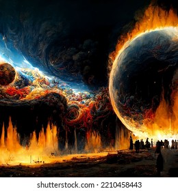 Earth Like Planet In Flames With An Infinite Universe Backdrop
