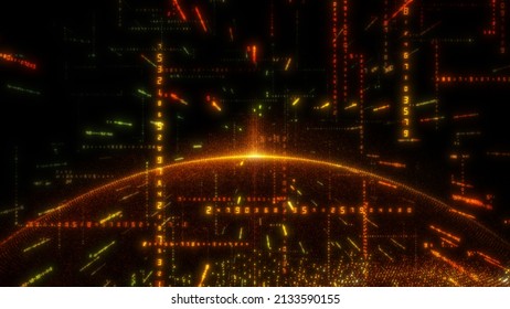 Earth and luminous elements with numbers. The concept of the modern digital world. 3d illustration