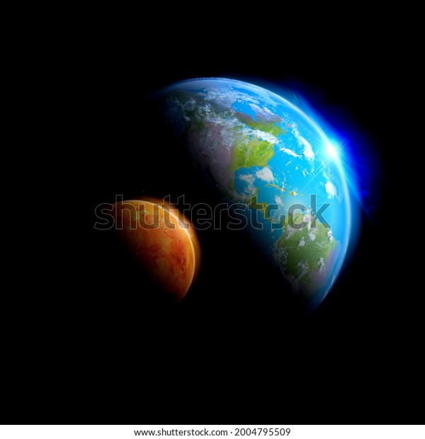 Earth Mars observes the universe\
 dark solar system atmosphere  reflections 3d\
rendering