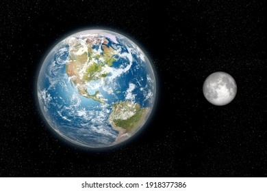 Earth and the Moon 3d rendering from space in daylight on a star field backdrop, showing the American continents. Elements of this image furnished by NASA.