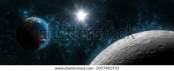 Earth and Moon glowing black space,star\
background.is an astronomical body that orbits planet Earth.Earth\'s\
only permanent natural satellite.Elements of this image furnished\
by NASA.3D\
illustration.