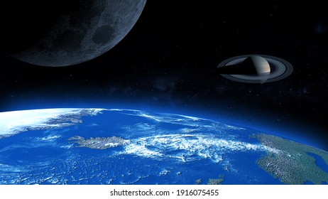 Earth , Moon And Saturn Retrograde 3d Rendering Illustration