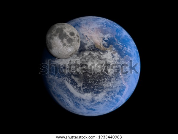 Earth and moon size scale,\
3d render