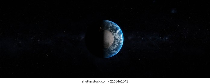 Earth And Moon Is Space , Panoramic View Of The Dark Side Of The Moon 3d Rendering Illustration